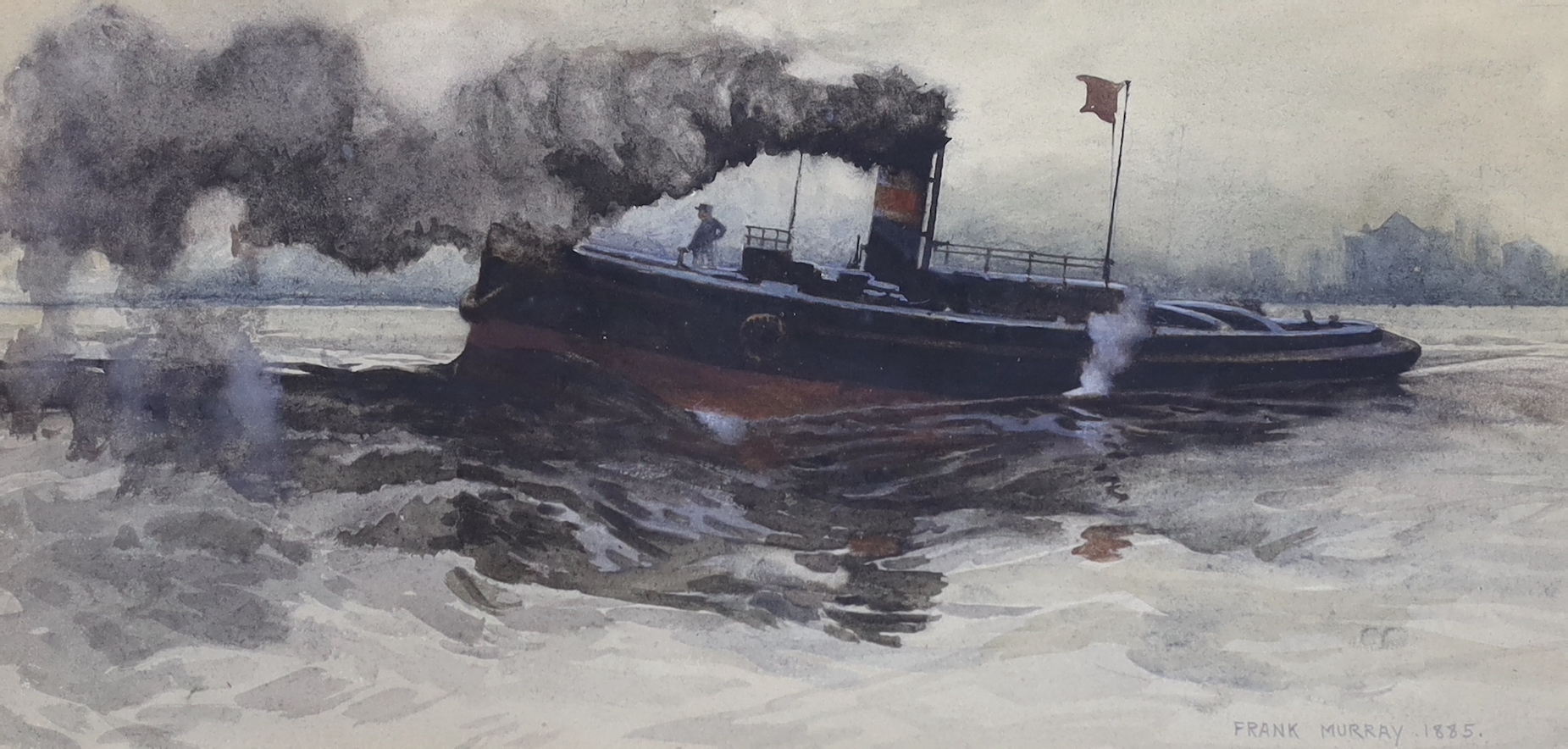 Frank Murray (19th. C), watercolour, ‘Bound for the Nore’, signed and dated 1885, Royal Institute of Painters in Watercolours inscribed label verso, 14 x 31cm